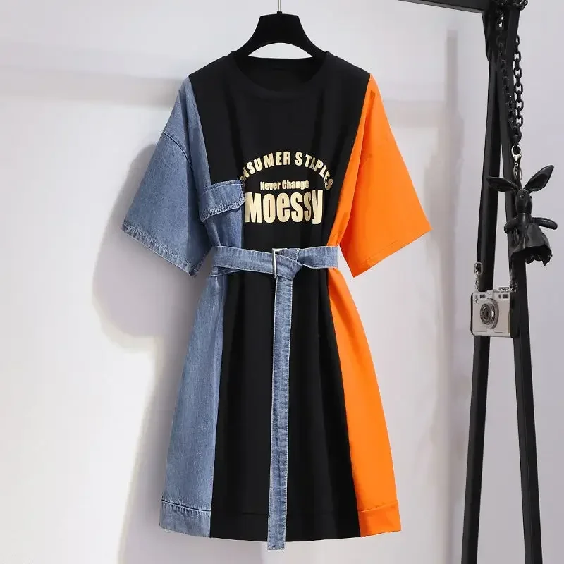 Vestido de verano de retazos para mujer, camiseta coreana Ulzzang, vestido informal de fiesta con fajas, ropa de calle de talla grande, vestido falso de dos piezas M-4XL