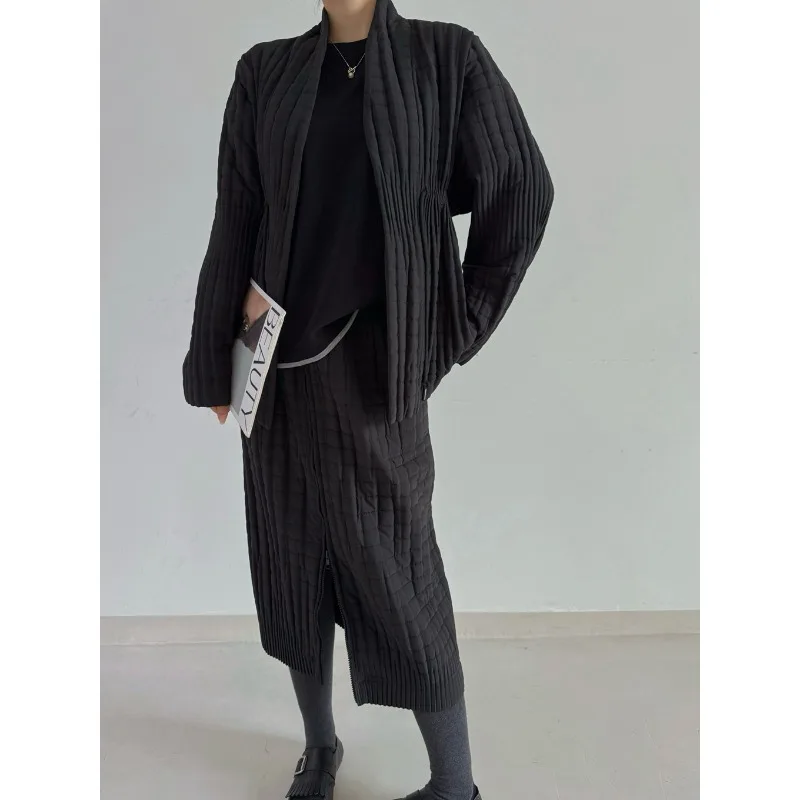 

Miyake Pleated 2026 New Fall and Winter Fashion Cotton Suit Set Women Wear Women Pleated Jacket Half-body Skirt Two-piece Set