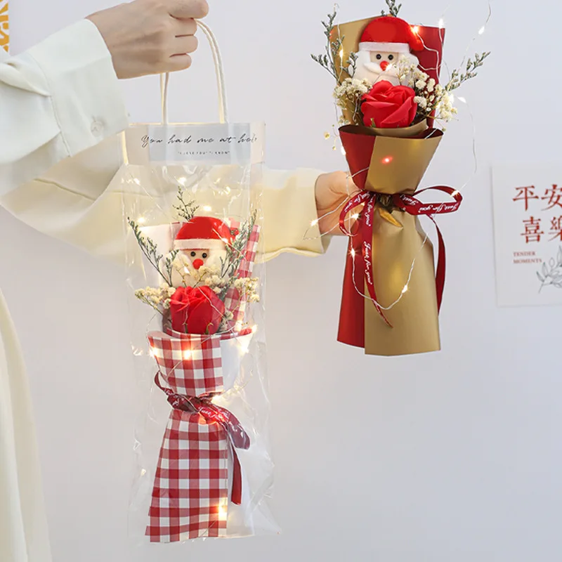 

Christmas Simulated Soap Flowers With Cute Santa Claus Home Decoration Dry Rose Flower Bouquets Birthday Christmas Gifts Bag