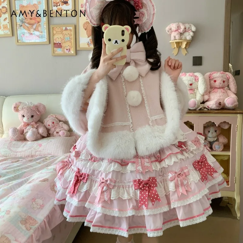 

Плюшевая накидка в стиле Лолиты с заячьими ушками и капюшоном, женское японское милое однобортное короткое пальто с кавайным бантом, короткое осенне-зимнее пальто