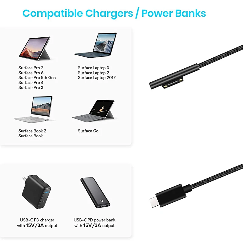 GZMO Nylon Braided Surface Connect to USB-C Charging Cable PD 15V for Surface Pro 7/6/5/4/3,Laptop 3/2/1,Surface Go