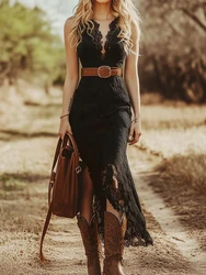 Office Lady Sleeveless V Neck Lace Dress Spring Summer Female Vintage Solid Maxi Dress Elegant Women Hollow Out Dress Vestidos