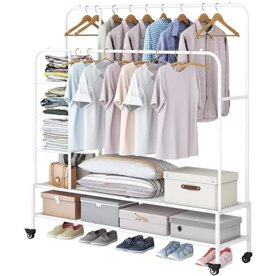 

Garment Rack for Hanging Clothes Rack Heavy Duty Portable with Bm Metal Shelf Drying Coats ShirtBlack White+Double Rods+Shelf
