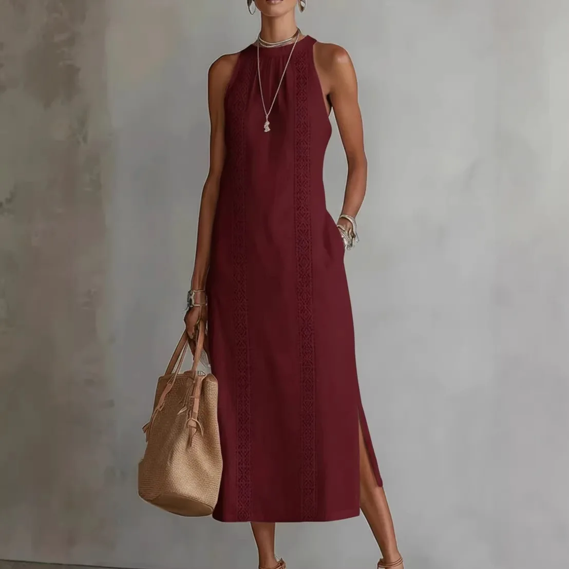 2026 Spring Independent Station Women's Sleeveless Lace Collar Holiday Pure Color Dress Splicing A-Line Skirt Midi Dress