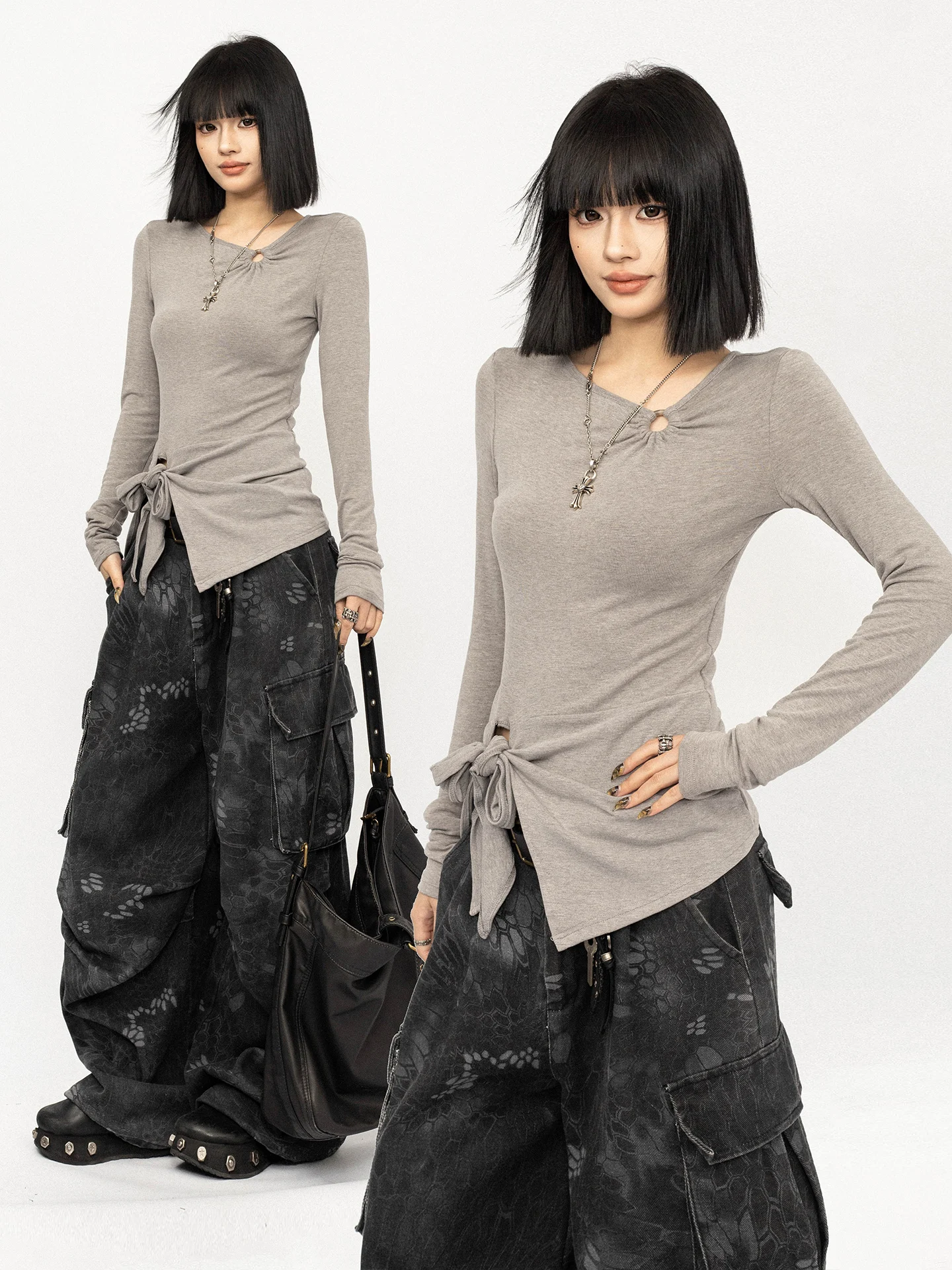 

Slimming Effect Long Sleeve Women's T-shirt Knot Belt Design Korean Style V-neck Base Shirt Fashionable Polyester Blend