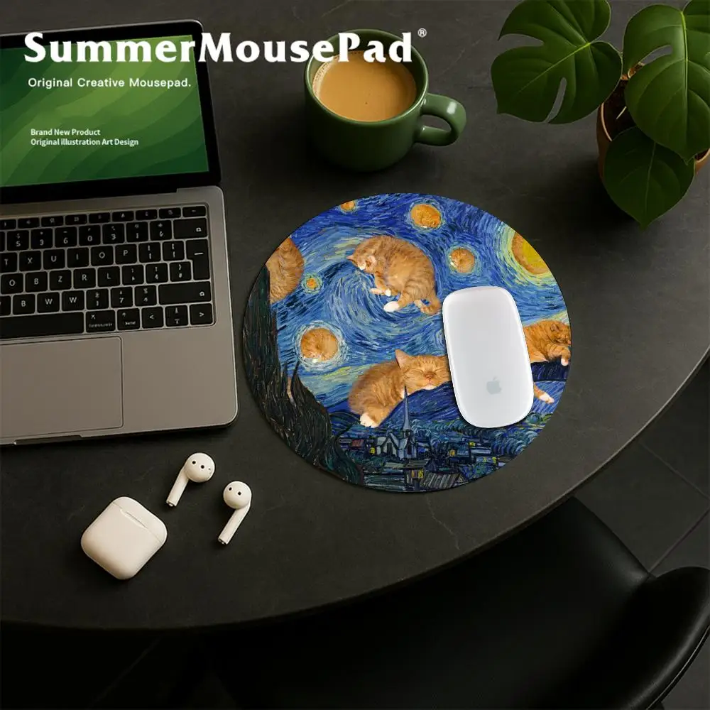 แมวน่ารัก Mouse Pad Vintage Starry Night อุปกรณ์เสริมสําหรับเล่นเกม Mousepad Van Gogh แผ่นรองเม้าส์ Gamer โต๊ะคอมพิวเตอร์ Mousemats 20x20 ซม.