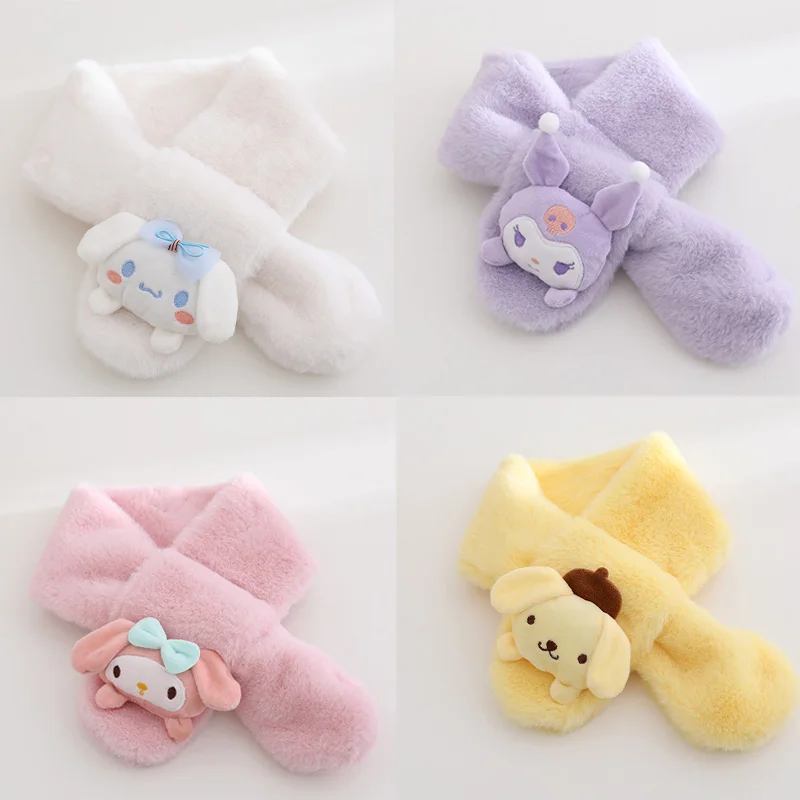 Kawaii Sanrio Kuromi Plush Scarf Cartoon Cinnamoroll Melody Pompompurin Soft Girl Plushie Thickened Kid Scarves Christmas Gift