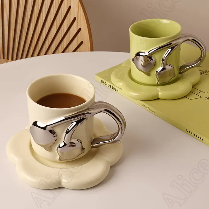 Relief Texture Ceramic Coffee Cup Saucer Set Office Home Drinking Utensil European Ins Style Large Capacity Breakfast Milk Mug