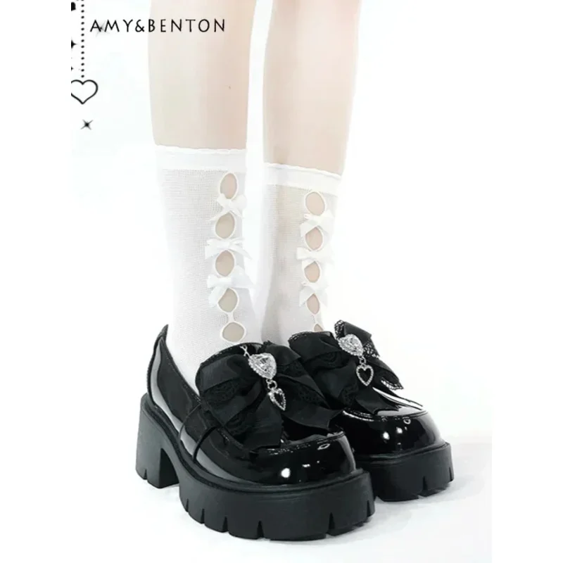 

25COSJapanese Mine Series Mass-produced Low-heeled Mary Jane Shoes Cute Love Rhinestone Lace Bow Round Head Leather Platform Hee