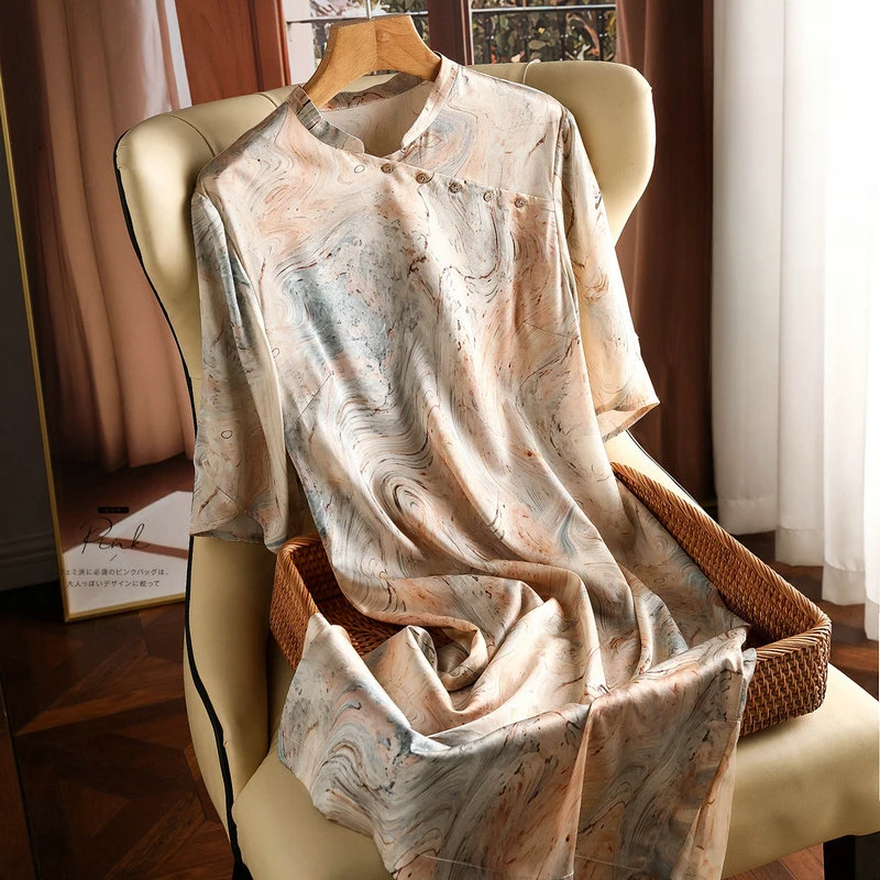 Silk Prints Dresses Women 2023 New Satin Short Sleeves Loose Summer Chinese Style Empire Dress Ladies O-neck Clothing