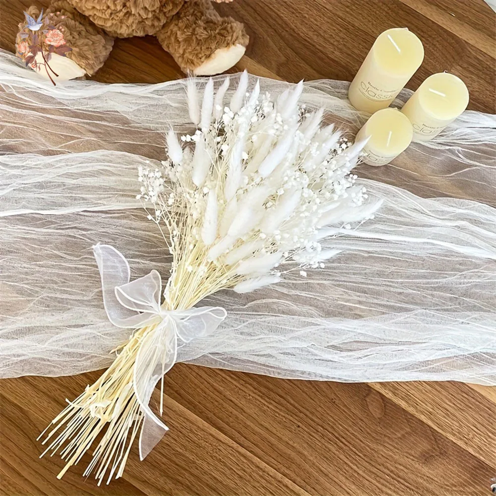54Pcs White Dried Flower Bridal Mariage Bouquet Natural Bunny Tails Grass and Millions of Stars Bundle Girlfriend Couples Gifts