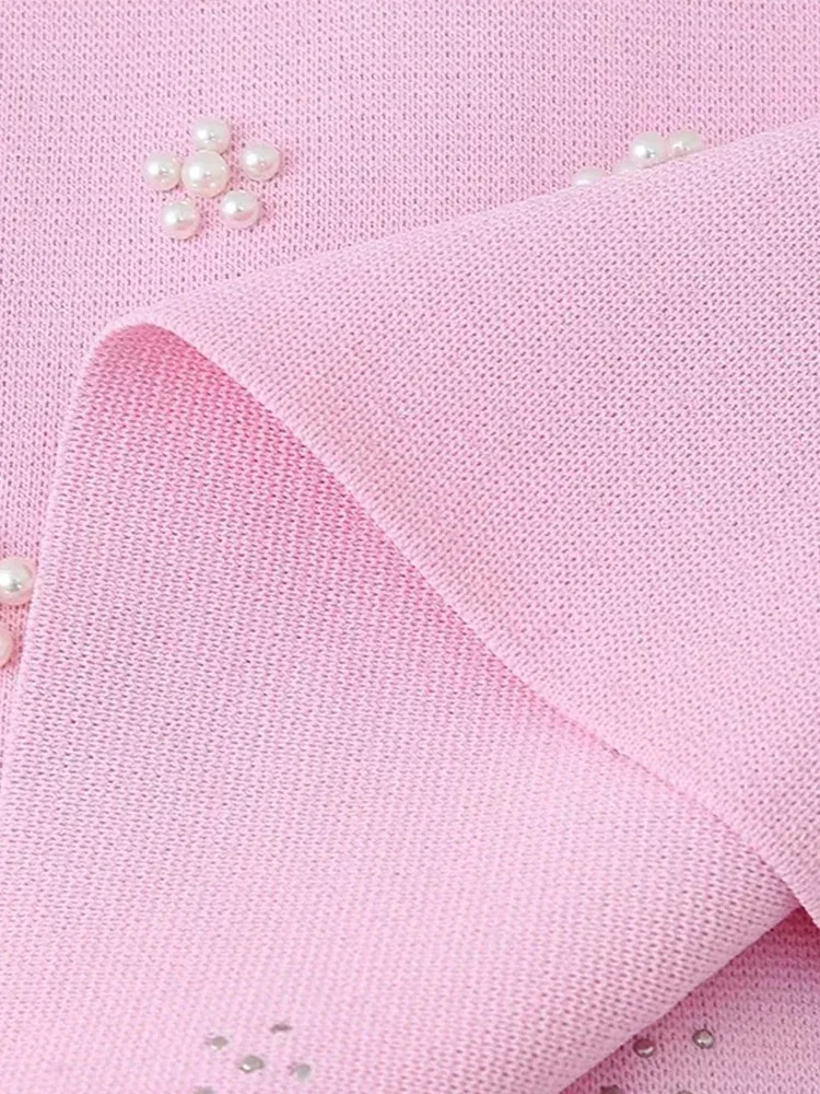 فستان نسائي قصير محبوك مزين باللؤلؤ الحلو موضة كورية للحفلات المسائية Y2K رقبة مربعة بدون أكمام فستان نسائي قصير