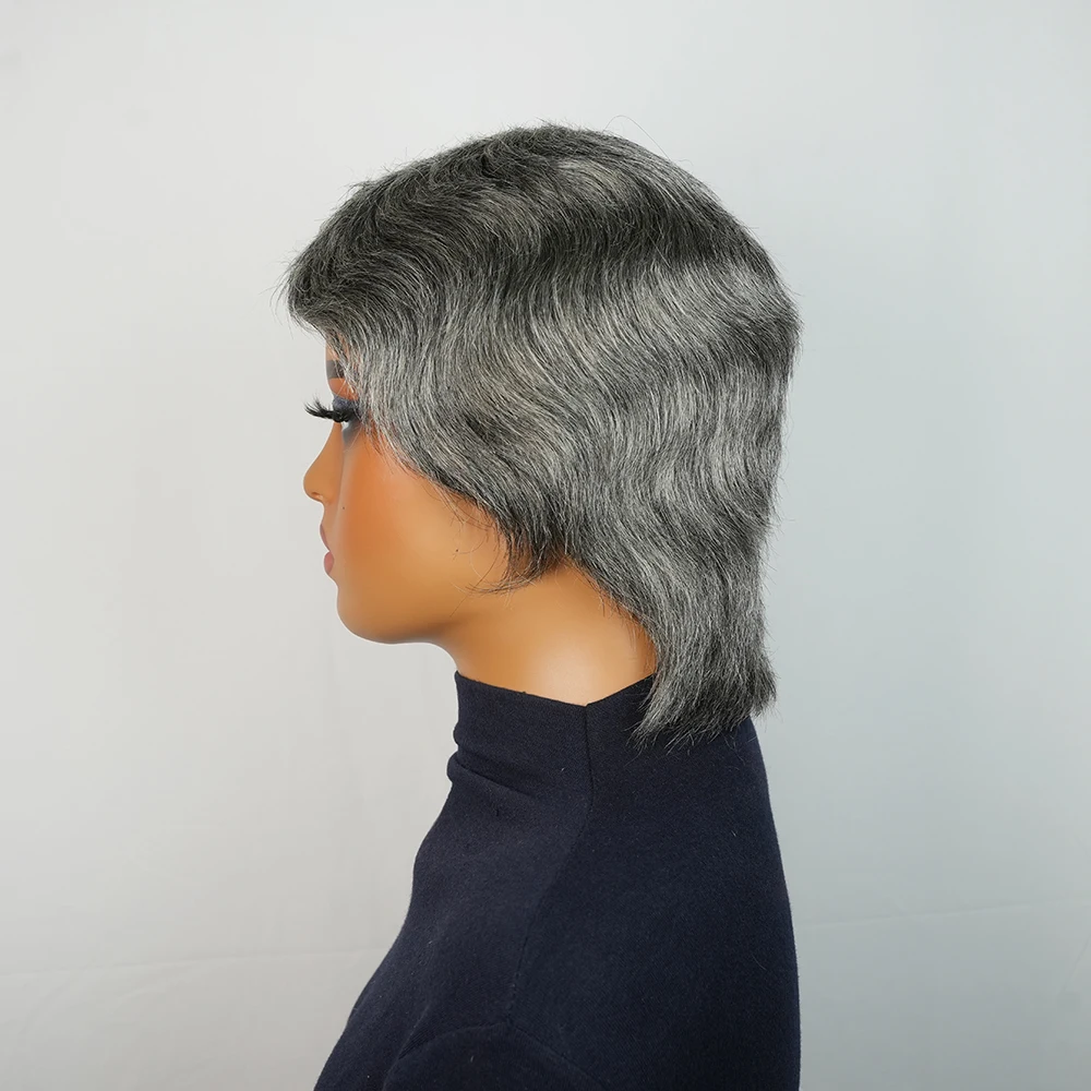 Серый Finger Wave Curly Short Pixie Cut Парик Бразильские человеческие волосы Парики для женщин Полный машинный короткий вьющийся парик из 100% человеческих волос
