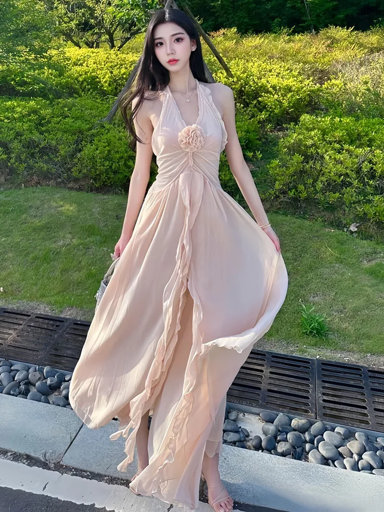 

Bohemian Style V-Neck Off-Shoulder Long Dress Women's Summer Beach Vacation Gown Beautiful Knot Tie Waist Dress