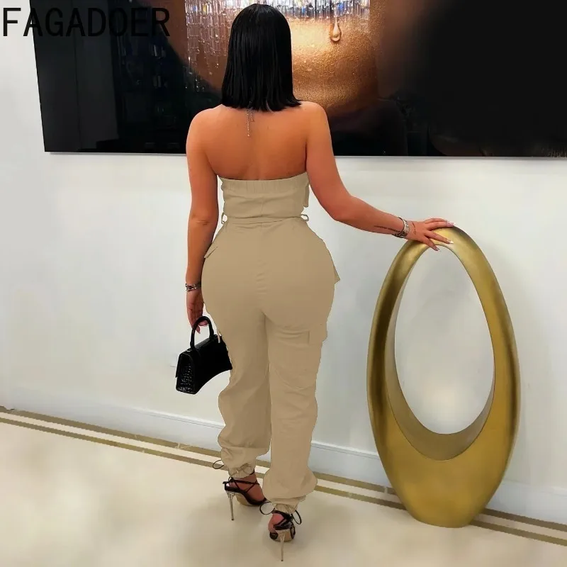 FAGADOER 캐주얼 카고 포켓 패치 워크 점프 슈트 여성 민소매 백 레스 Bodycon Rompers 여성 streetwear 오버올 여름 신작