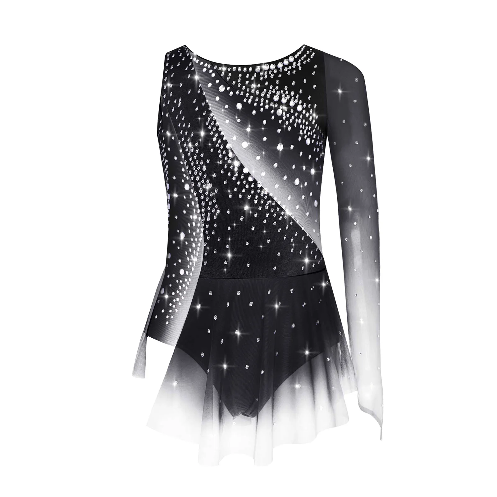

Girls Modern Lyrical Dance Dress High-Low Tulle Split Rhinestone Ballet Gymnastics Leotards Figure Skating Performance Costume