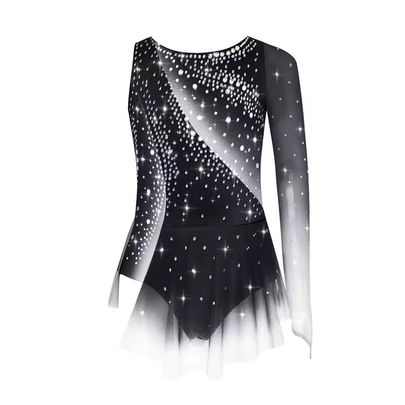 Kids Girls Figure Skating Rhythmic Gymnastics Leotard Dress Asymmetrical Split Shiny Rhinestones Contrast Color Dress Ballerina - Image 22