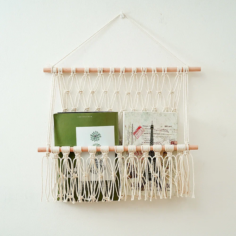 Hamaca nórdica tejida a mano de cuerda de algodón, macramé, muñeca de juguete, almacenamiento de libros, colgante para guardería, sala de juegos, decoración de dormitorio, estante de pared