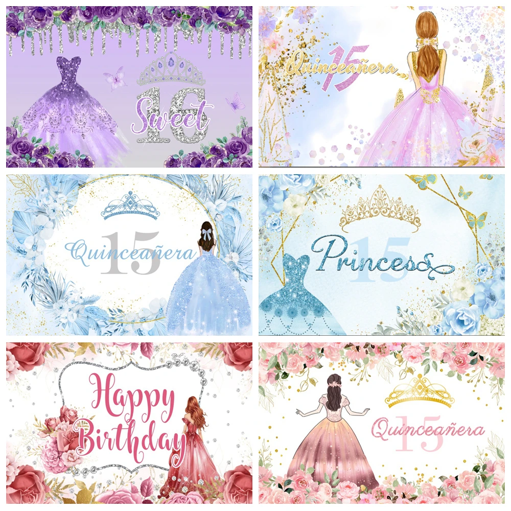 

Quinceanera Backdrop Sweet 15 16th Birthday Party Princess Girl Dress Glitter Crown Flowers Photography Background Photo Studio