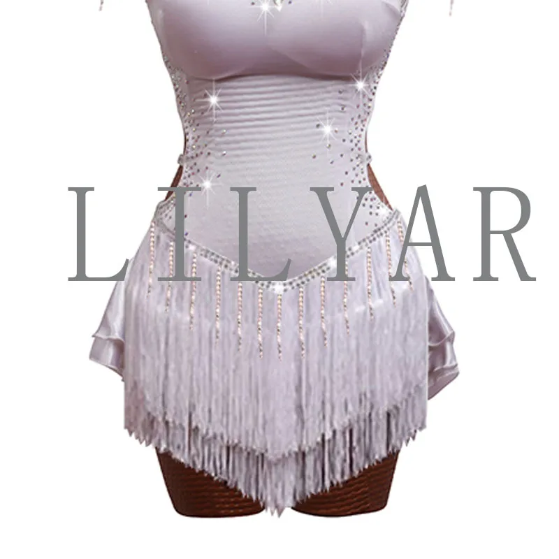 New Latin  Competition Performance  Adult Custom Children's Purple Tassel Backless Dance Skirt White Pleated Skirt