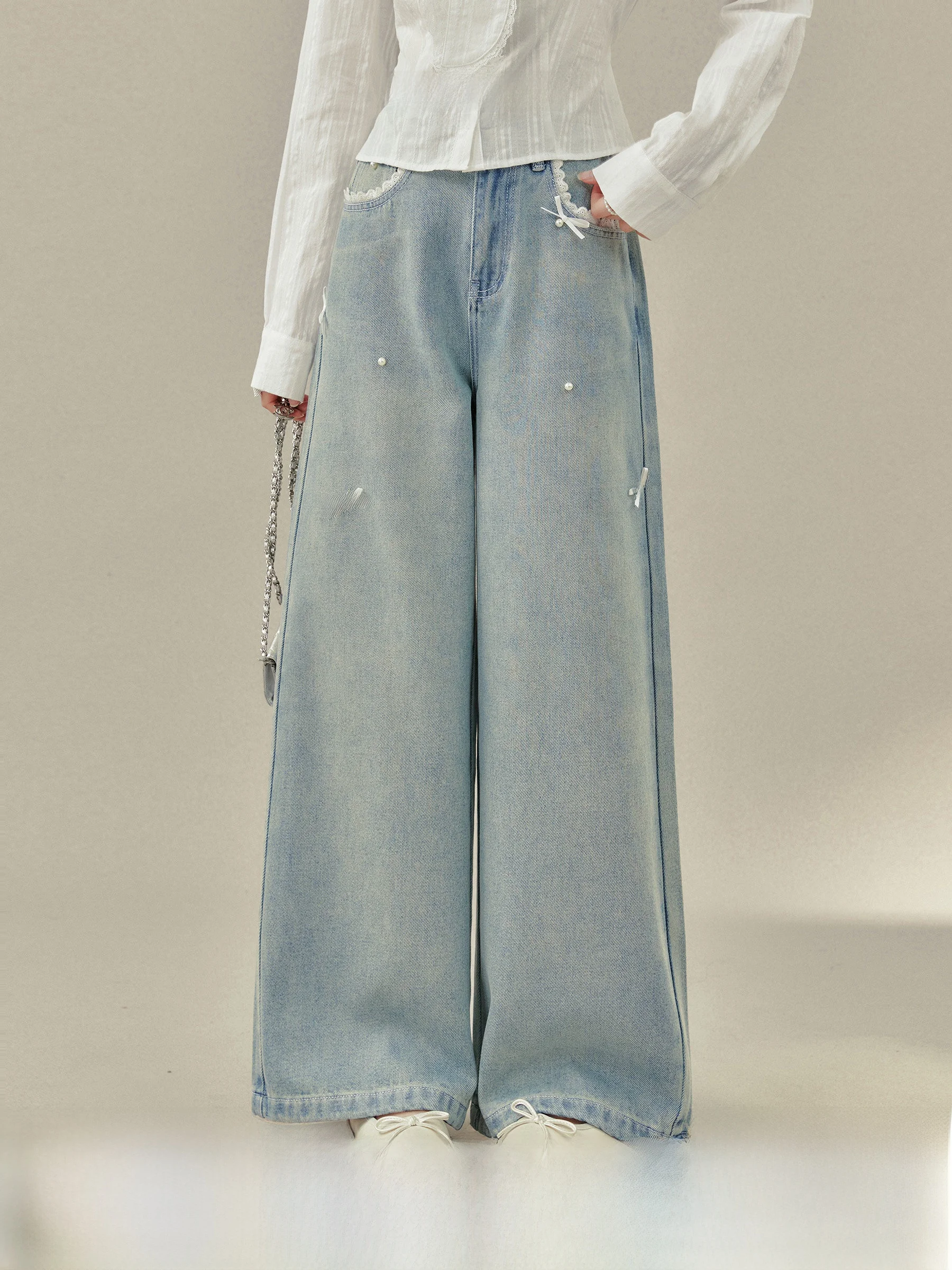 

High Waist Wide Leg Straight Cut Denim Jeans Women's Spring Faion High Street Knot Casual Sle No Stretch Elastic