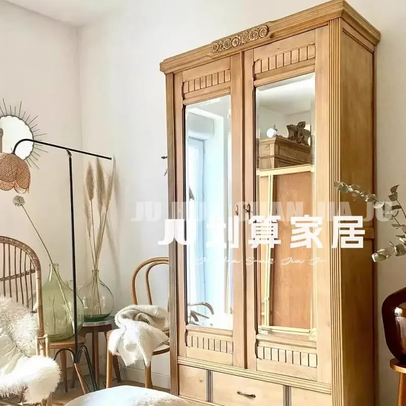 

X62 American Rural Solid Wood Small Apartment Bedroom Double Door Wardrobe French Simple Wall Locker Living Room Storage Cabinet