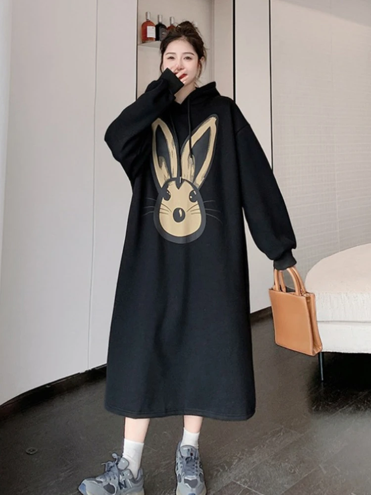 Kobiety Sukienka Casual Loose Plus Size Hooded Plush Warm Printed Frock Autumn Winter Slit Long Over The Knee Hoodie Long Skirts