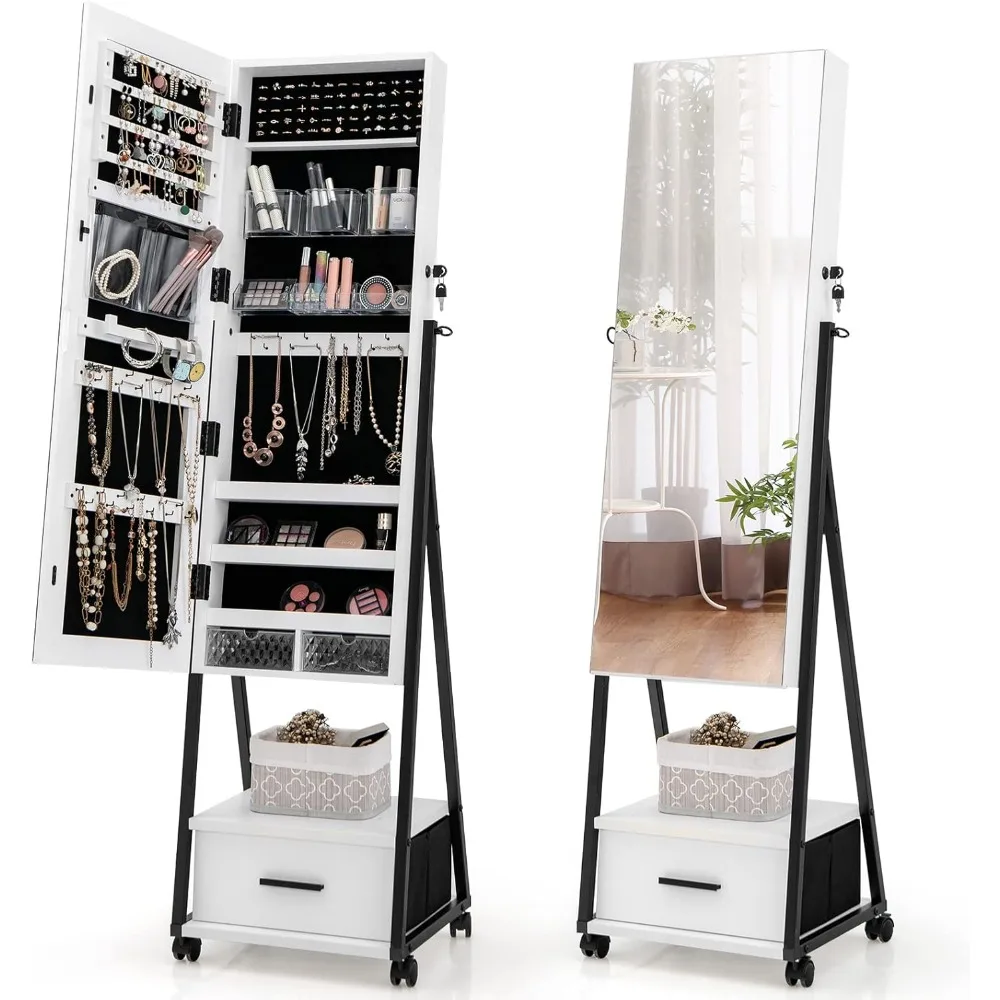 

Rolling Jewelry Cabinet with Full Length Mirror, Lockable Standing Jewelry Armoire with Wheels, Steel Legs