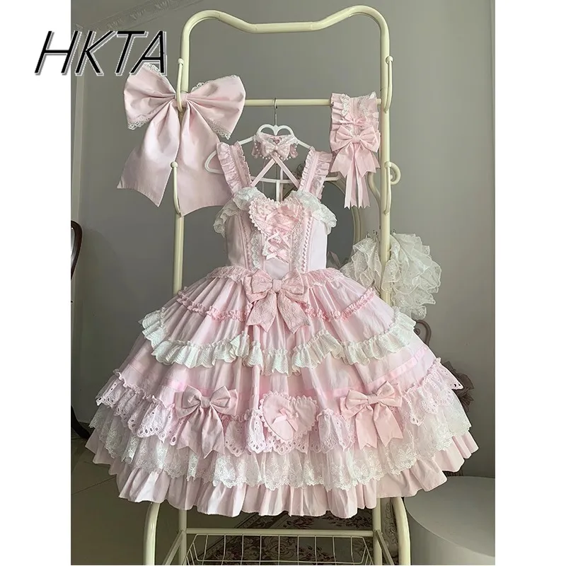 

Original Lolita Sweet Cute Birthday Pink Suspender Dresses Women Summer Kawaii Slim Waist Thin Cake Fluffy Princess Dress Female