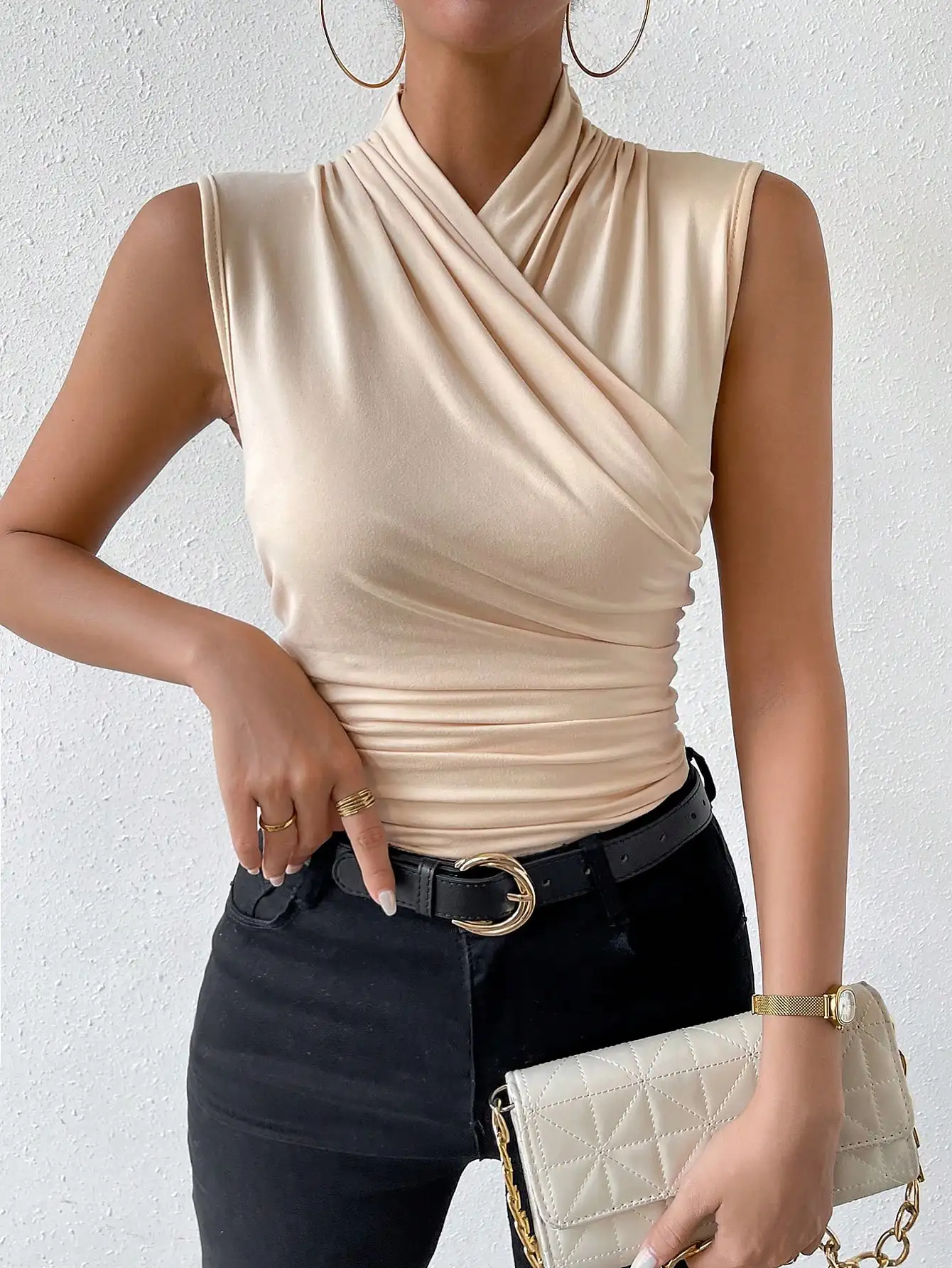 

Women's Beige Crisscross Pleated Sleeveless Tank Top with High Stretch