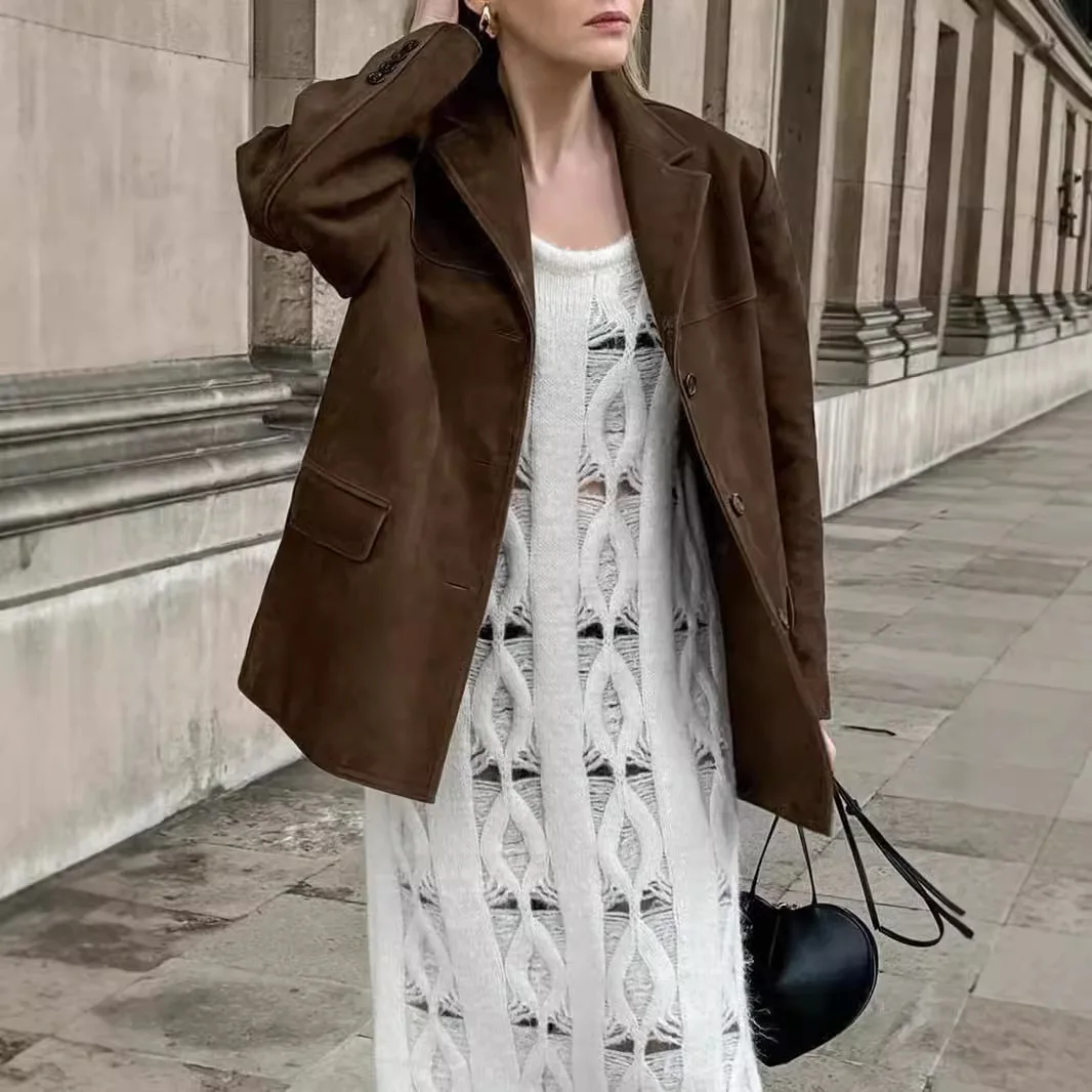 Jaqueta de couro de camurça feminina vintage único breasted lapela marrom blazer solto casacos 2025 outono senhora do escritório outerwears