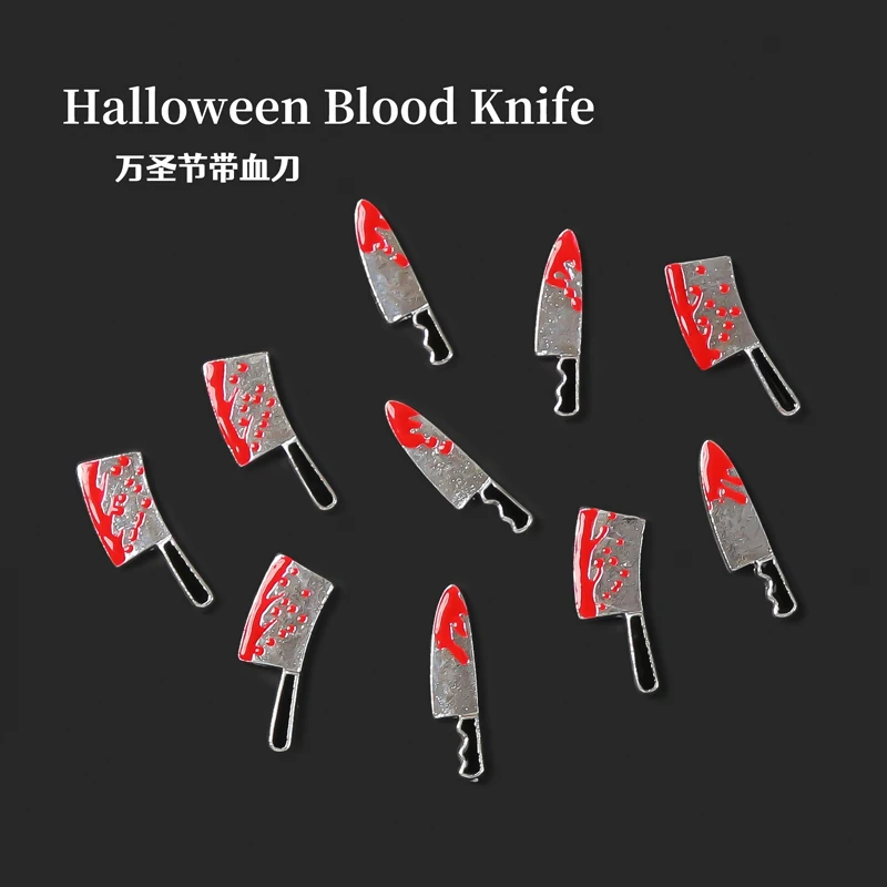 10 teile/los Halloween gefälschtes Blut messer 3d Nagel Charms 18*8/10*5cm Punk Metall legierung Dekorationen gruseliges Messer DIY emulieren Blut messer