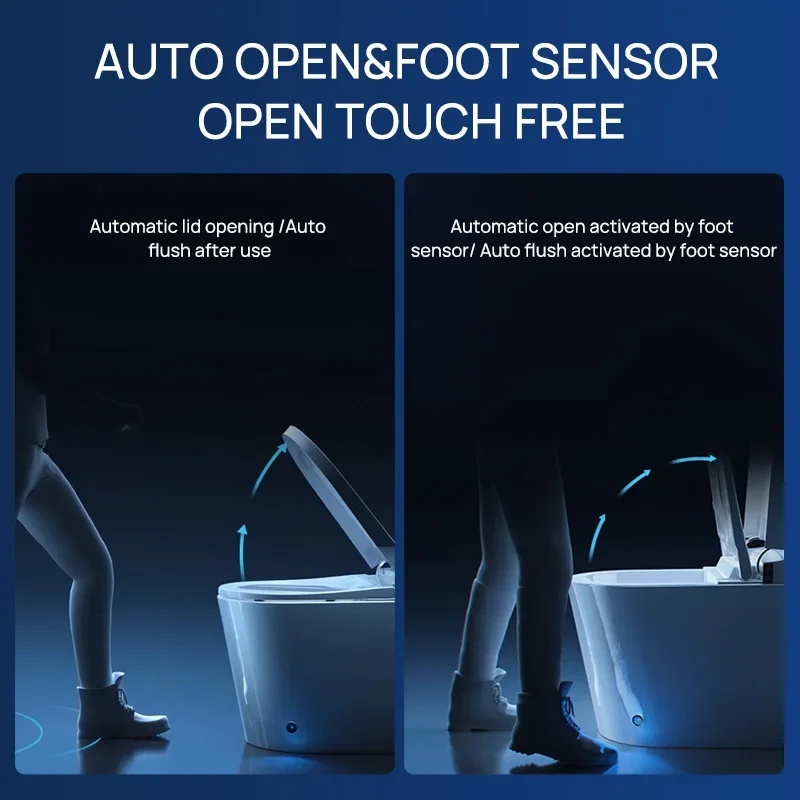 White smart ceramic toilet seat integrated with digital display and home bathroom foot sensor