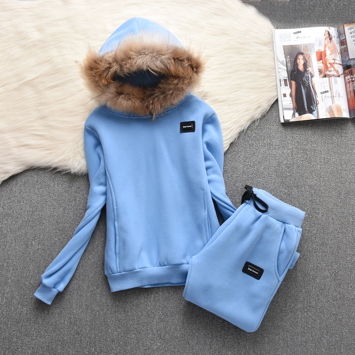 Juicy Coconut Brand Women Sporting Suits Velvet Spring Winter Thickened Casual Womens Tracksuits Hooded Collar Sportswear suit