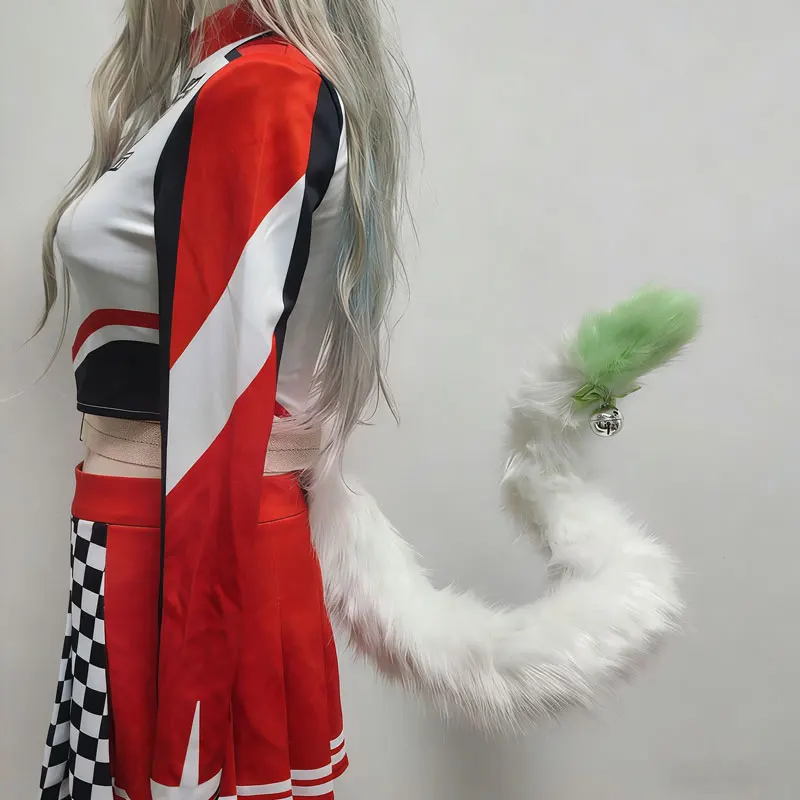 

Furry Kig Fox Cat Tail Green White Tail with White Belt Lolita Fursuit Plush Costume Accessories for Role Play Props Cosplay