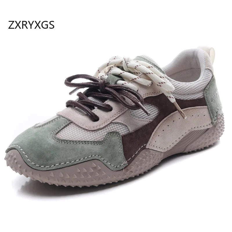ZXRYXGS Genuine Leather Mesh Splicing Spell Color Women Trendy Sneaker 2025 Autumn Temperament Light Soft Sole Travel Shoes Flat