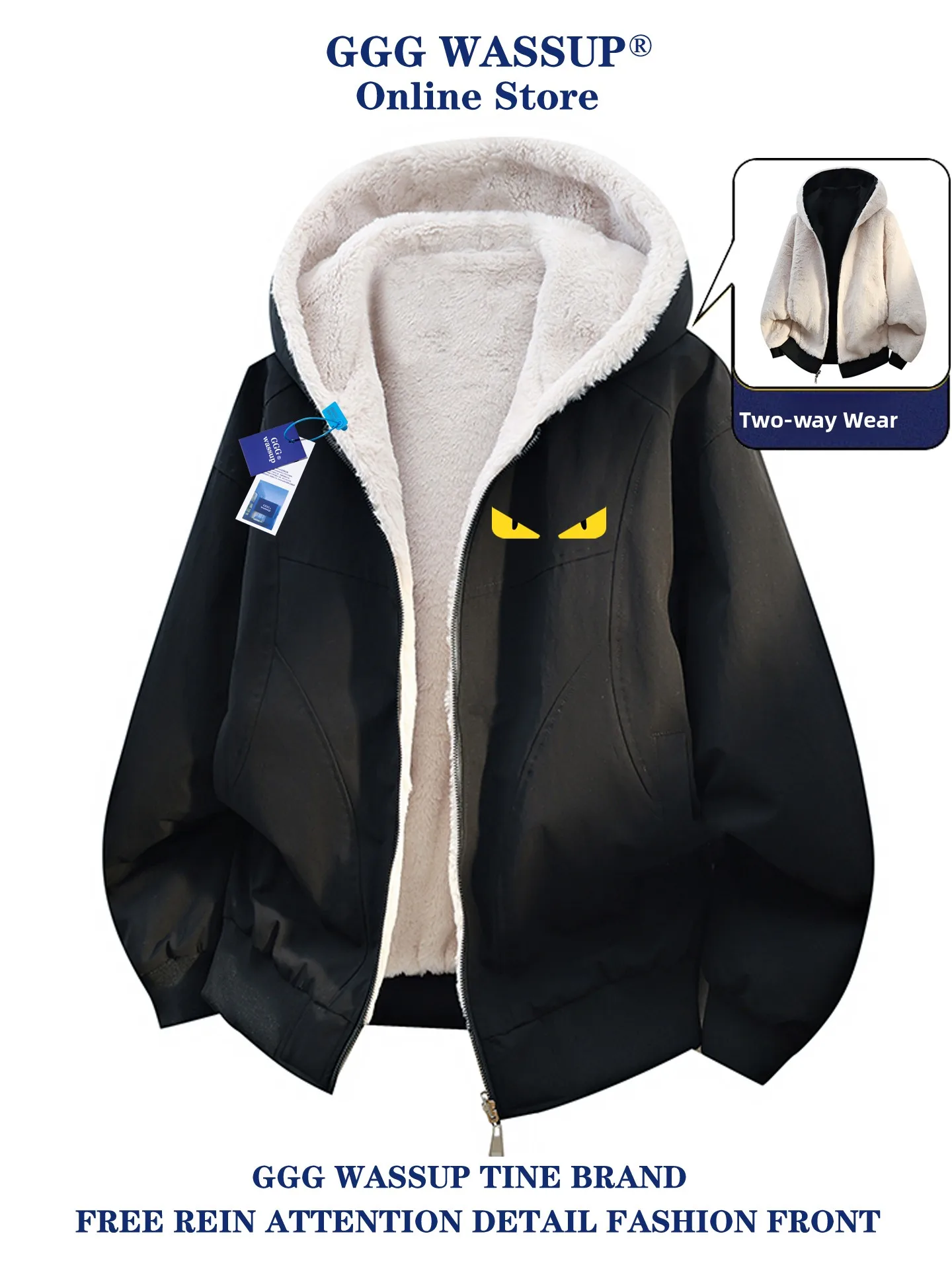 GGG Wassup Herren Doppelseitig Tragbare Fleece-Gefütterte Verdickte Lammfell-Jacke Winter-Oberbekleidung Lässiger Lockerer Schnitt mit Reißverschluss