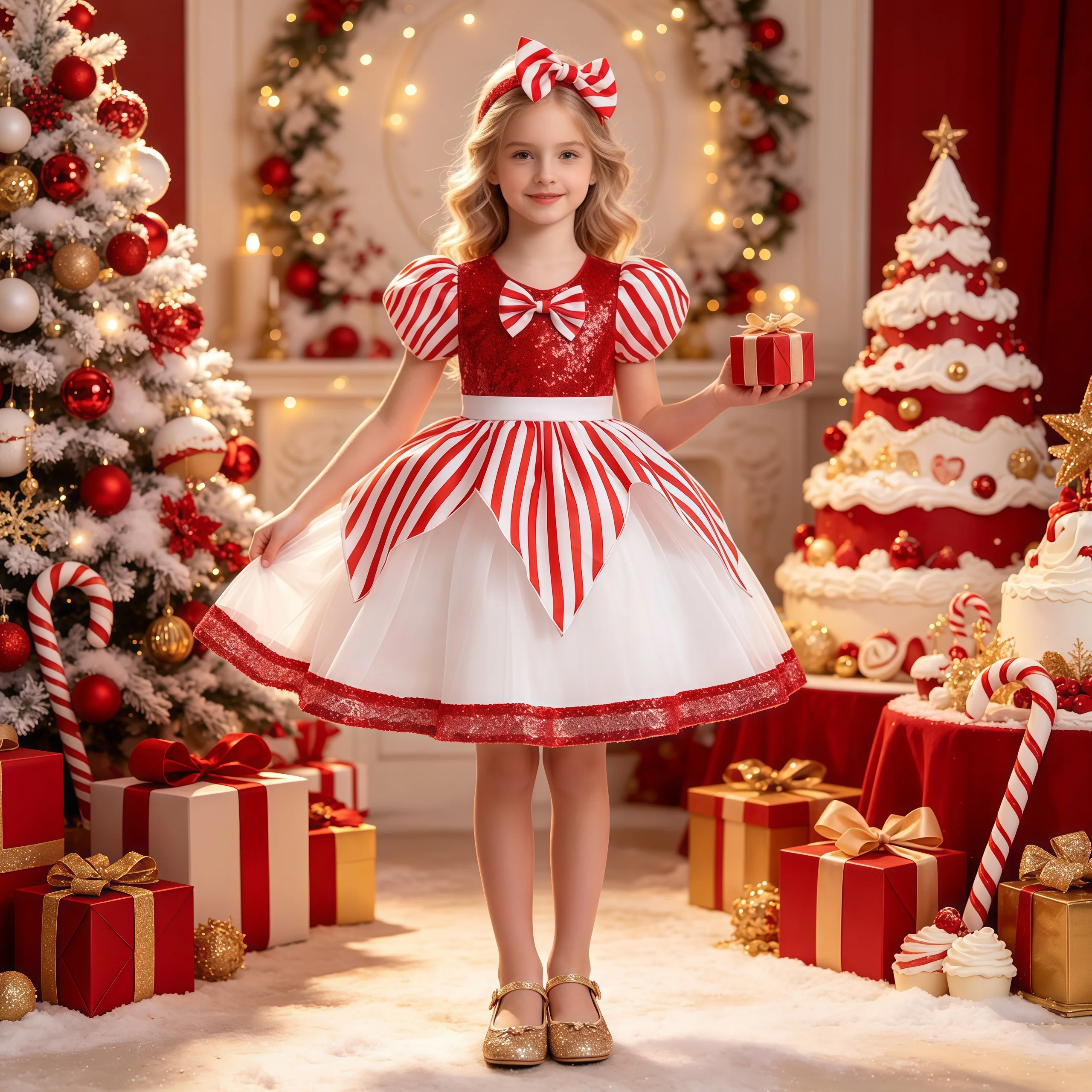 Karneval Gestreiftes Mädchen Weihnachtskostüm Elegante Pailletten Schleife Geburtstag Hochzeit Prinzessin Partykleid für Mädchen Tüll Brautjungfernkleid