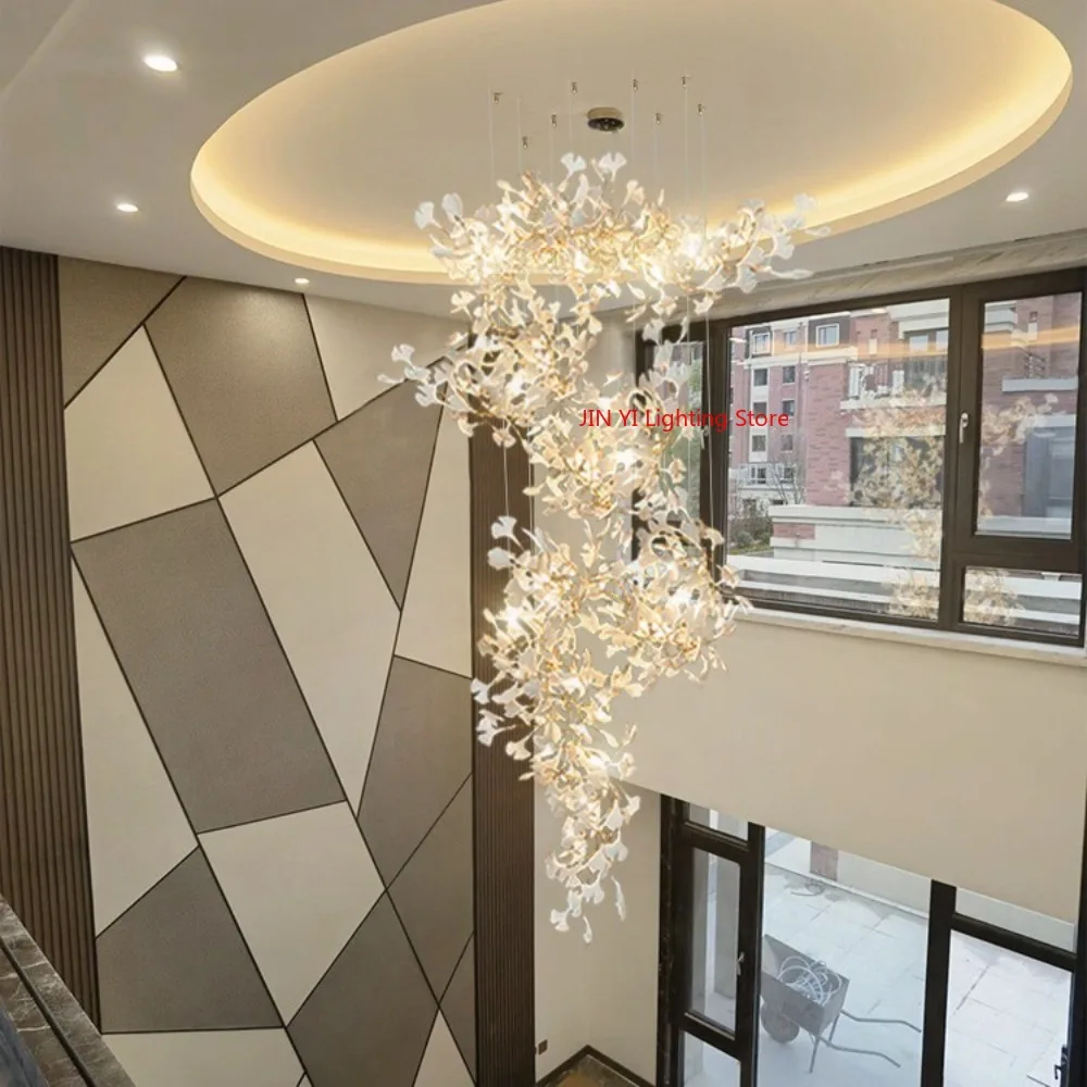 Double Layered Ginkgo Ceramics Leaf Lamps for Luxury Villas Hotels with Large Chandeliers  Staircase Lights in Duplex Buildings