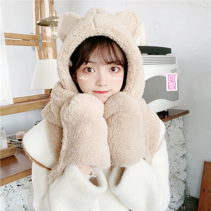 50JB 3 in 1 Hooded Long Scarf Hat with Pockets Gloves for Cat Ears Plush Warm Shawl