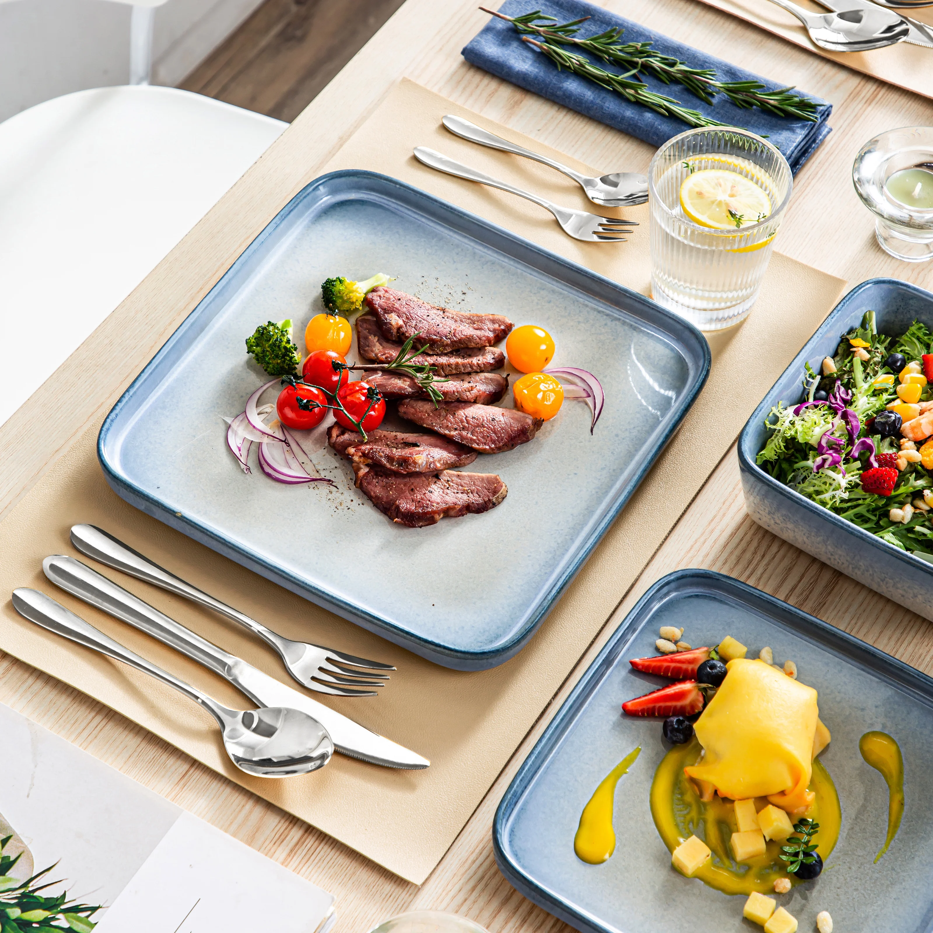 أطقم عشاء مكونة من 12/24 قطعة من فانكاسو طقم أواني حجرية باللون الأزرق والوردي مع طبق عشاء/لوحة حلوى/حساء/وعاء خدمة لـ 4/8