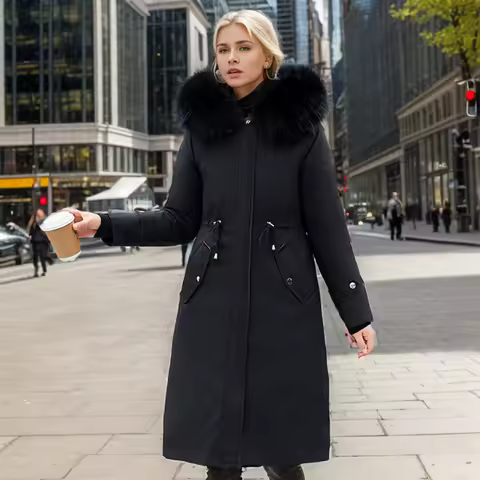 Lady's Winter Parka Coat Solid Color Detachable Faux Fur Trim Slim Fit Female's Padded Coat Thermal Longline Coat For Women