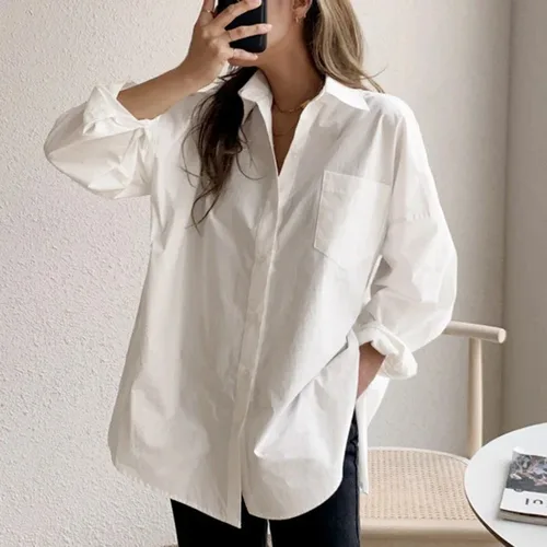 Imagen 2 del producto Blusas holgadas informales blancas elegantes para mujer de oficina, camisa de manga larga de algodón a la moda para mujer, Tops con cuello vuelto