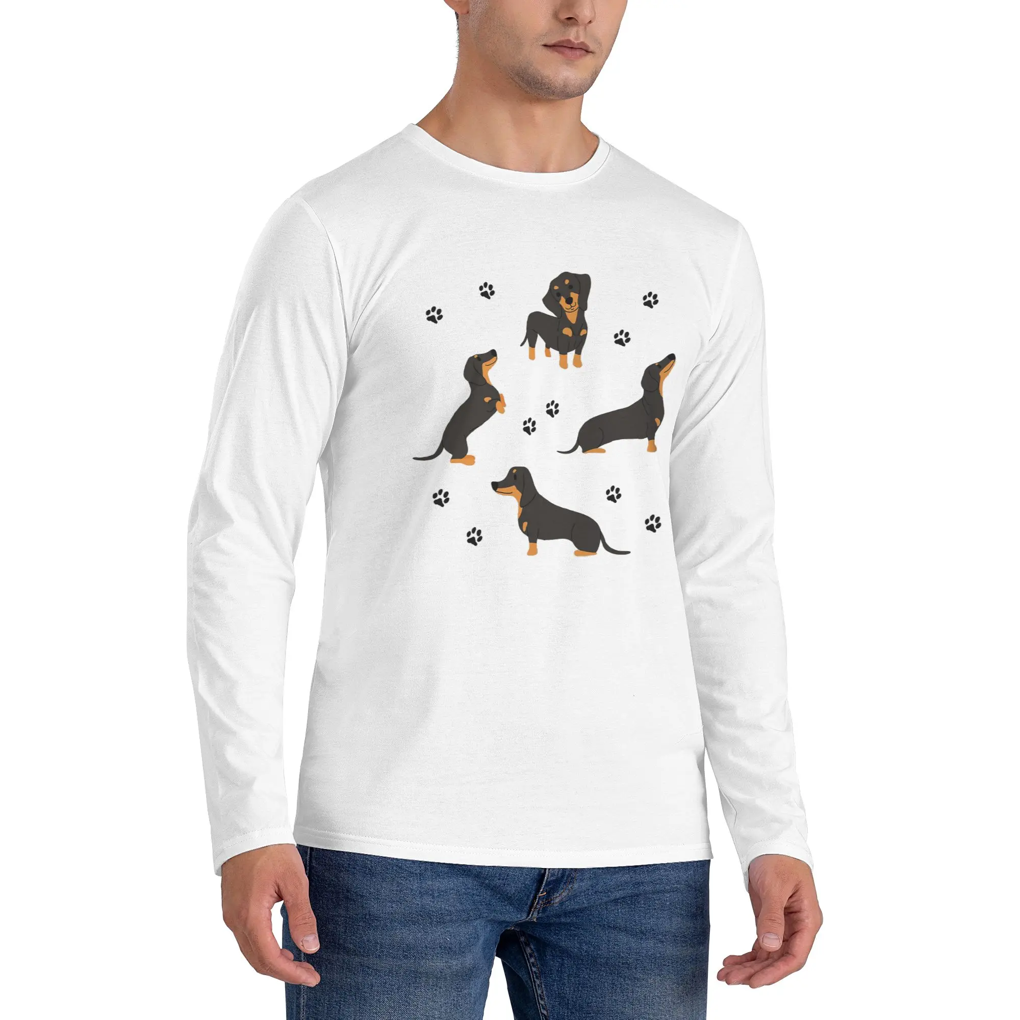 

Dachshund dog pattern with dog paws Men's Long Sleeved T-shirt Breathable Round Neck T shirts Spring and Autumn Men tops