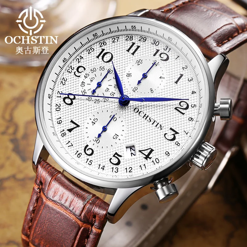 

Ochstin Men Sport Quartz Wristwatch Chronograph Classic Pilot Dial Date Waterproof Luminous Hand Leather Strap Relogio Masculino