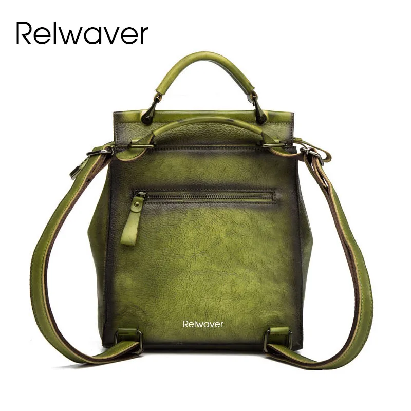 Relwaver vintage backpack natural cow leather green women backpack 2024 spring summer casual cover genuine leather backpack