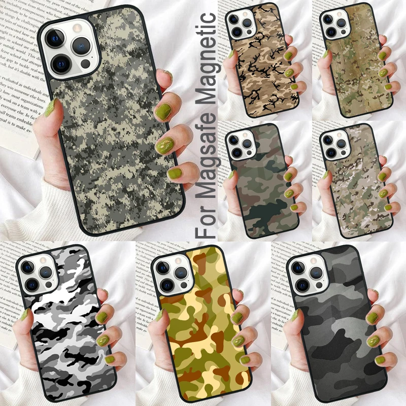 Camo Camouflage Magnetic Soft Phone Case for iPhone 16 Promax 15 Pro 13 14 Plus 11 12 Mini MagSafe Coque