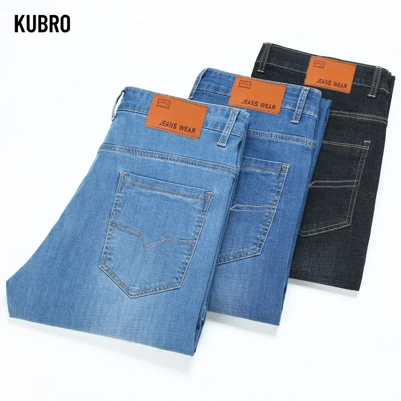 KUBRO Jeans elasticizzati leggeri larghi dritti stile classico Business Casual moda giovane uomo pantaloni in Denim sottile di alta qualità