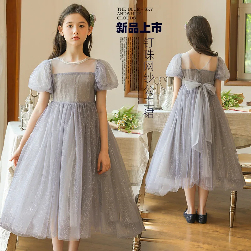 Girls' Summer New 2024 Korean Edition Fashionable Bow Dotted Mesh Children's Princess Super Fairy Dress