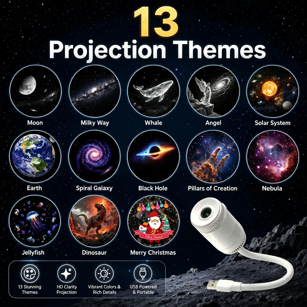 2-in-1 USB Starry Sky Projector, 13 Film Discs & 5 Colors, Flexible Gooseneck, Dimmable, for Bedroom, Car, Christmas Gift Idea